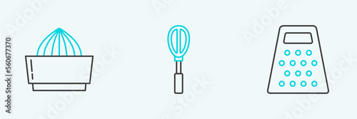 Set line Grater, Citrus fruit juicer and Kitchen whisk icon. Vector