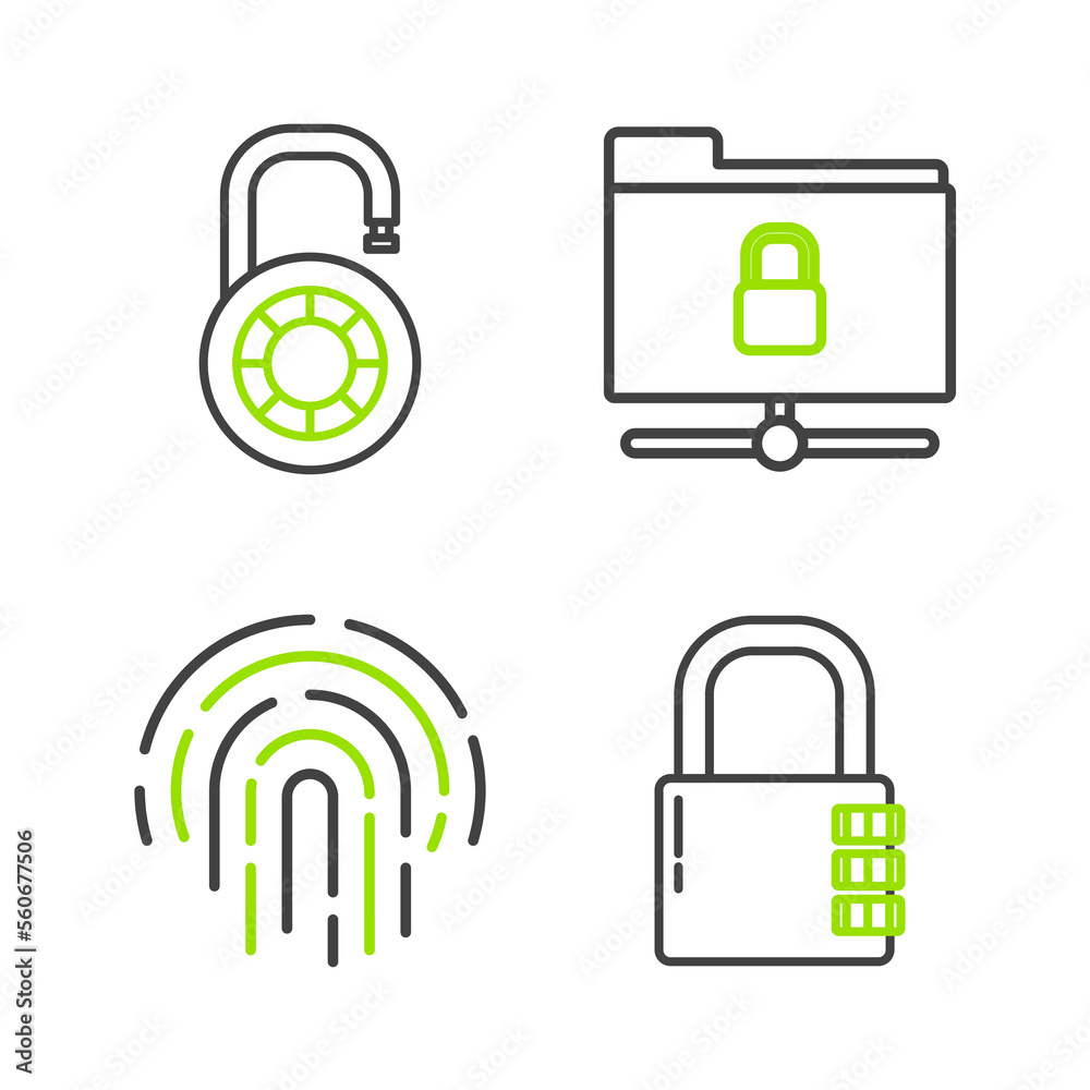 Set line Safe combination lock, Fingerprint, FTP folder and and wheel icon. Vector Set line Safe combination lock, Fingerprint, FTP folder and and wheel icon. Vector