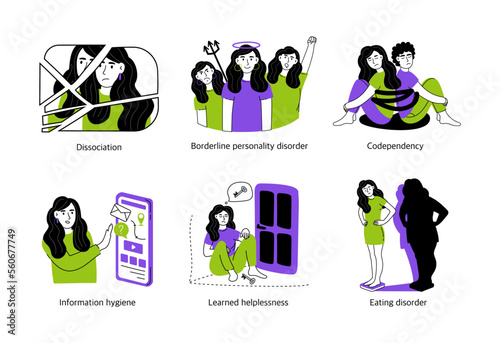 Set of concepts of mental health and psychology. Psychological disorders, various positive, negative states of people. Vector illustration isolated on a white background.