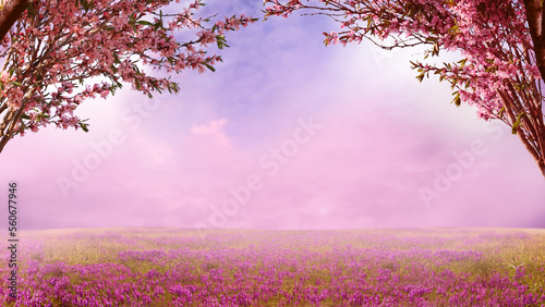 Fototapeta Naklejka Na Ścianę i Meble -   Beautiful landscape with flowers.Blooming wild cherry trees.  Spring background.