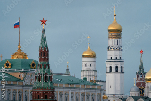 Moscow, Russia - February 22, 2022: View of the Armory Tower, the Armory Chamber and the Ivan the Great Bell Tower.