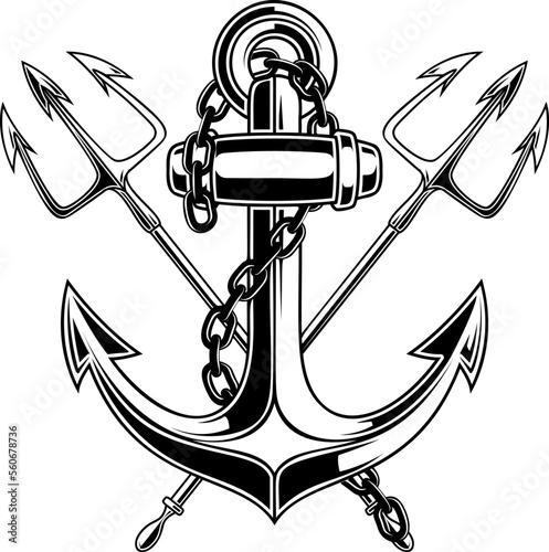 Illustration of sea anchor with crossed tridents. Design element for logo, sign, emblem. Vector illustration