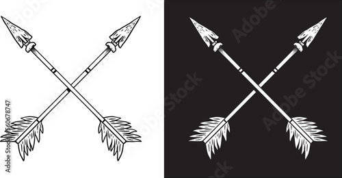 Illustration of crossed ancient arrows. Design element for poster, card, banner, emblem, sign. Vector illustration