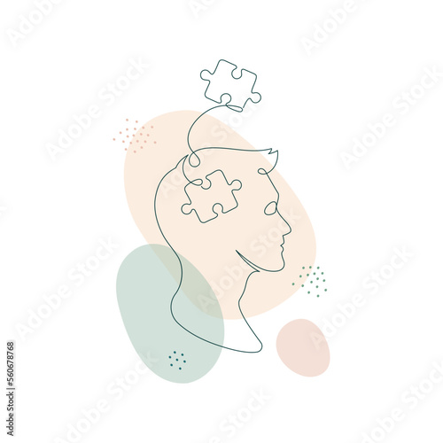 Mental health problem, psychology and business education concept. Vector one line art illustration. Human head profile with jigsaw puzzle by continous line on color splash background.