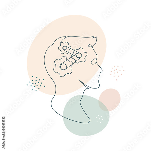 Mental health problem, psychology and business education concept. Vector one line art illustration. Human head profile with gear wheel cog by continous line on color splash background.