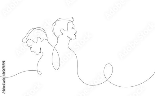 Mental health problem, psychology and bipolar treatment concept. Vector one line art illustration. Couple of sad and happy man profile with connected brain isolated on white background.