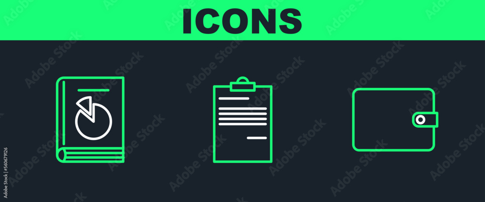 Set line Wallet, User manual and Document icon. Vector