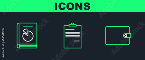 Set line Wallet, User manual and Document icon. Vector