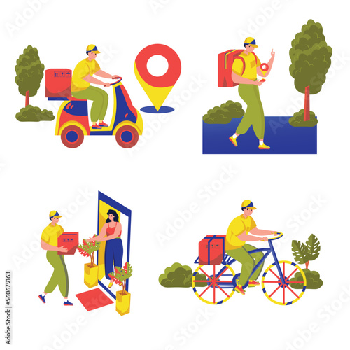 Set concept Delivery with people scene in the flat cartoon style. Couriers deliver various things to customer s to the different place. Vector illustration.