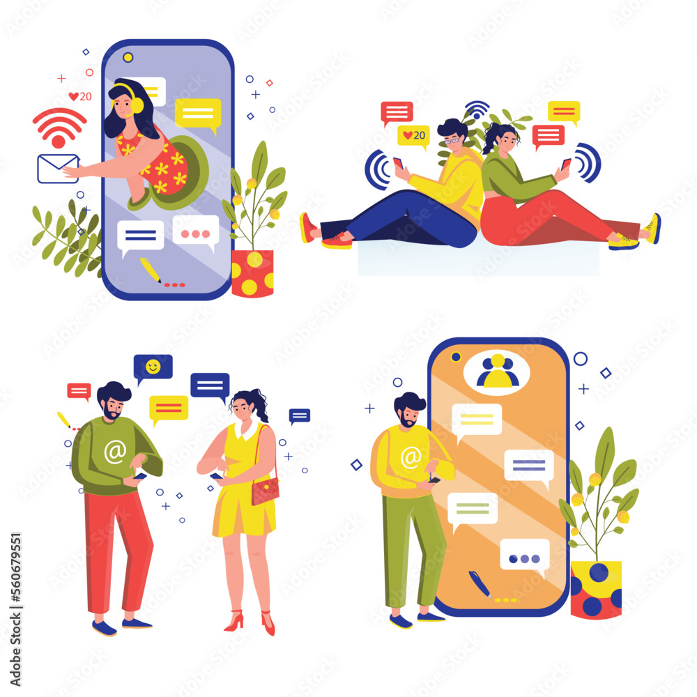 People Use gadgets set concept with people scene in the flat cartoon design. Friends use different digital gadgets for communicates with a world. Vector illustration.