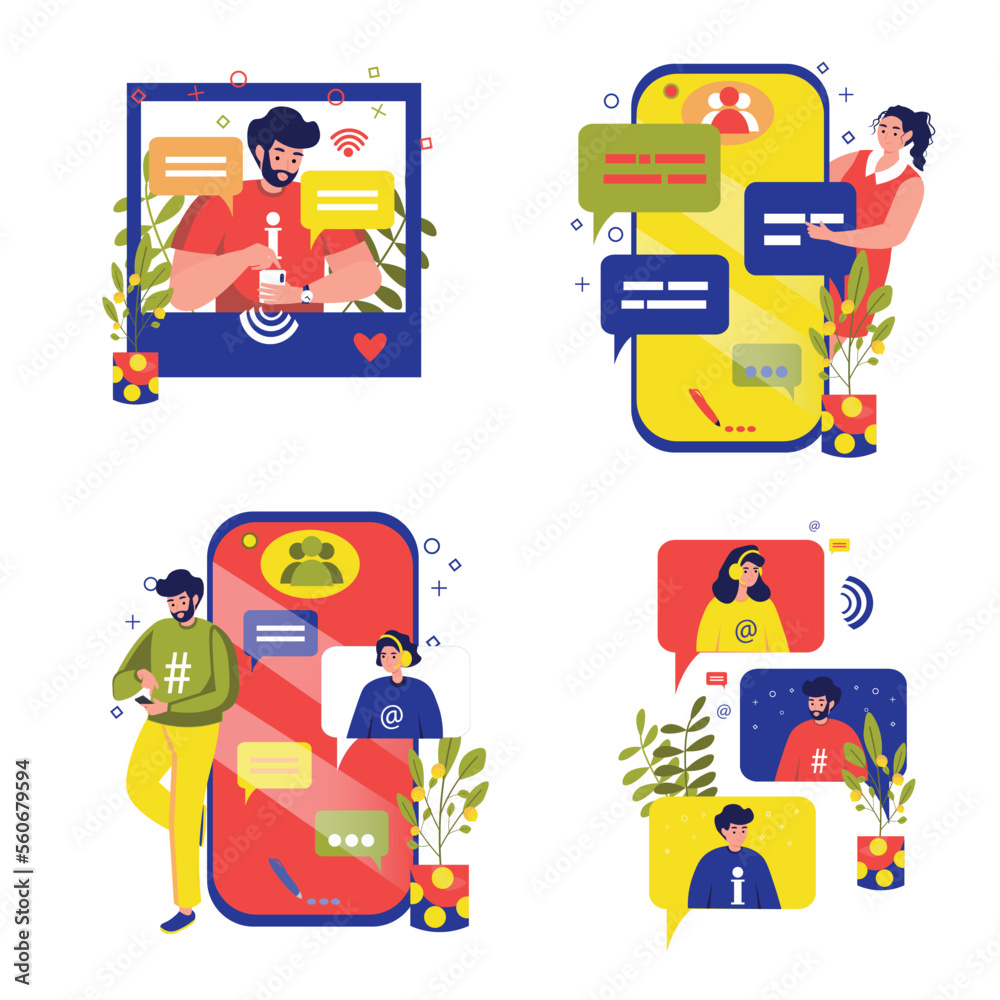 Set concept People Use gadgets with people scene in the flat cartoon style. Guy and girl use a smartphone for chatting. Vector illustration. Set concept People Use gadgets with people scene in the flat cartoon style. Guy and girl use a smartphone for chatting. Vector illustration.
