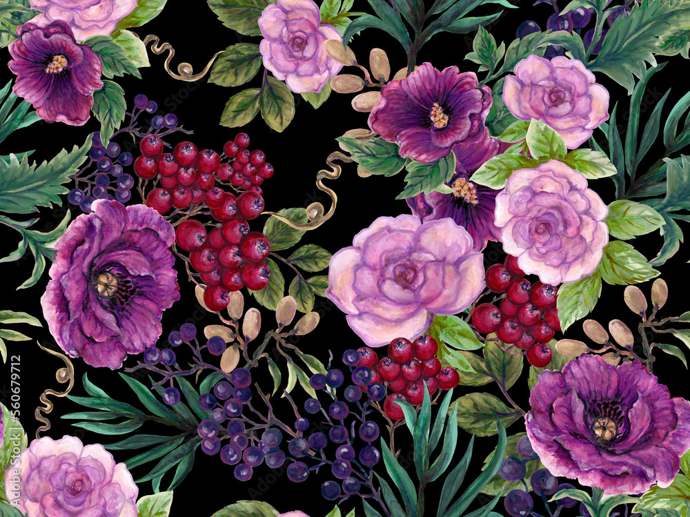 Night Garden rose peony berry and coffee bouquet blooming meadow, seamless pattern, plant background for fashion, wallpaper Night Garden rose peony berry and coffee bouquet blooming meadow, seamless pattern, plant background for fashion, wallpaper