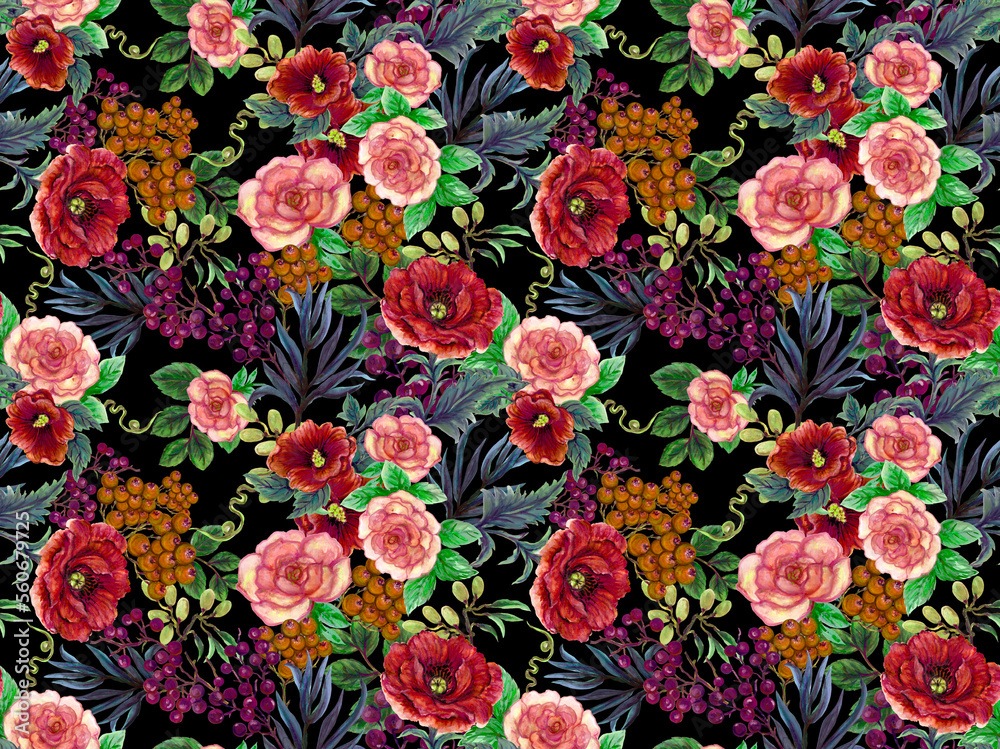 Night Garden rose peony berry and coffee bouquet blooming meadow, seamless pattern, plant background for fashion, wallpaper