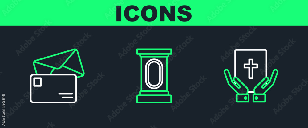 Set line Oath on the Holy Bible, Envelope and Stage stand or debate podium rostrum icon. Vector Set line Oath on the Holy Bible, Envelope and Stage stand or debate podium rostrum icon. Vector