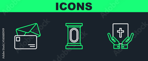 Set line Oath on the Holy Bible, Envelope and Stage stand or debate podium rostrum icon. Vector