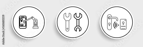 Set line Digital door lock with wireless technology for unlock, Industrial machine robotic robot arm hand and Spanner icon. Vector