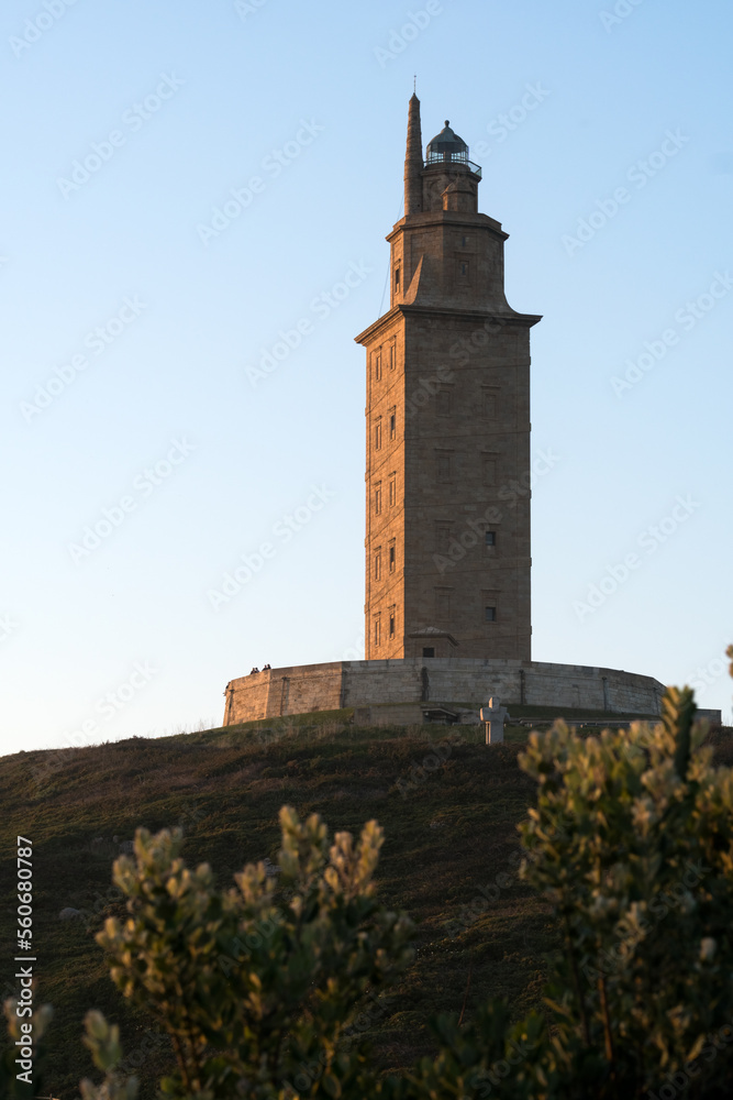 Hercules tower roman lighthouse in the city of A Coruña in a sunny day, Galicia, Spain.