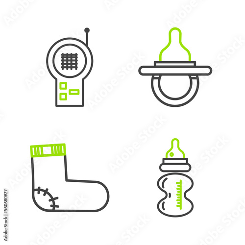 Set line Baby bottle, socks clothes, dummy pacifier and Monitor Walkie Talkie icon. Vector