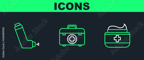 Set line Ointment cream tube medicine, Inhaler and First aid kit icon. Vector