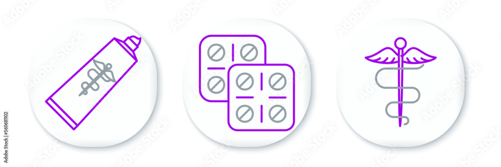 Set line Caduceus snake medical symbol, Ointment cream tube medicine and Pills blister pack icon. Vector Set line Caduceus snake medical symbol, Ointment cream tube medicine and Pills blister pack icon. Vector