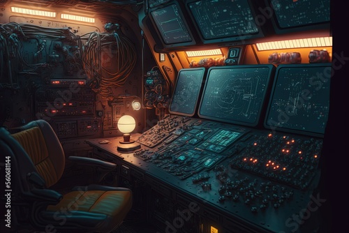 Ceberpunk image style, control room in a futuristic space ship, intricate details, with screens and buttons, Generative Ai photo