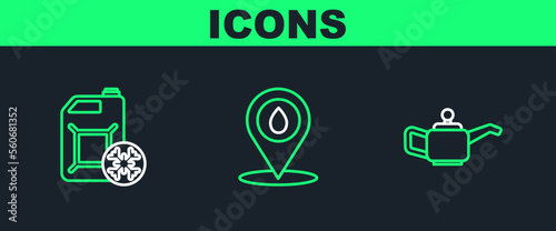 Set line Canister for motor machine oil, Antifreeze canister and Refill petrol fuel location icon. Vector