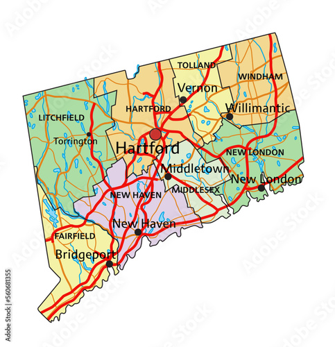 Connecticut - Highly detailed editable political map with labeling.