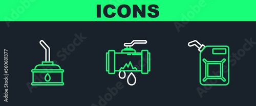 Set line Canister for gasoline, motor machine oil and Broken metal pipe with leaking water icon. Vector