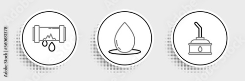 Set line Canister for motor machine oil, Broken metal pipe with leaking water and Oil drop icon. Vector