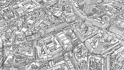 Milan, Italy. Roofs of the city. Historical part. Doodle sketch style. Aerial view