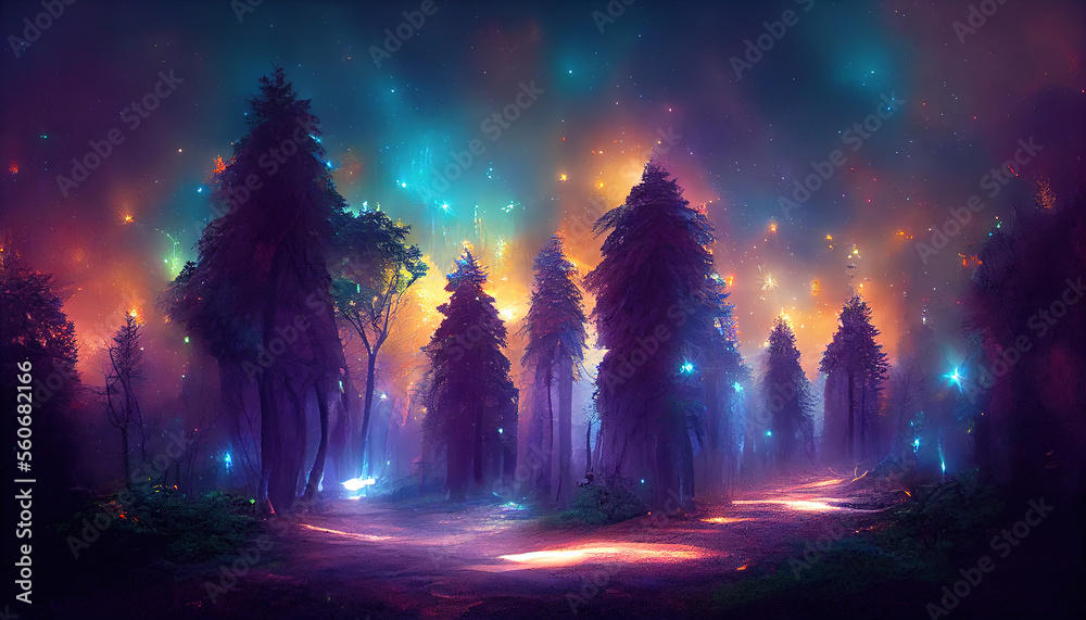 Mystical magical forest at night with glowing lights