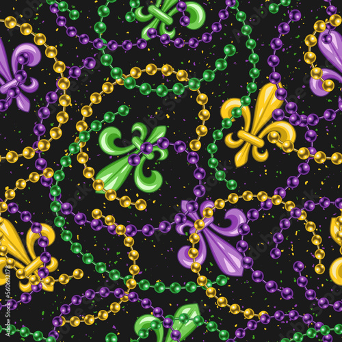 Seamless pattern with fleur de lis, strings of beads. Mardi gras carnival design. Vintage illustration for prints, clothing, surface design
