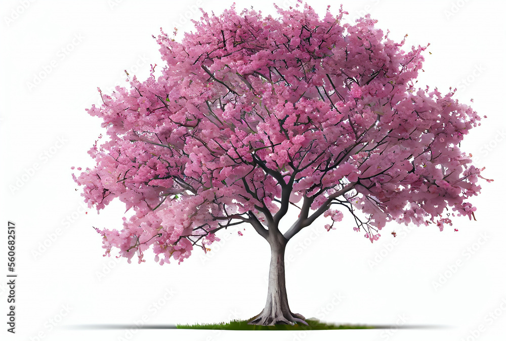Fototapeta premium Large pink Cherry Blossom tree on white background. Digital art style. Generative AI