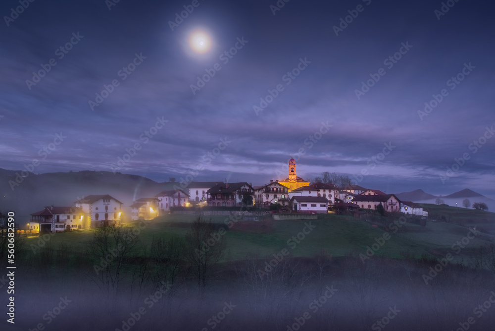 Small spanish village under the moonlight, Ziga, Navarre