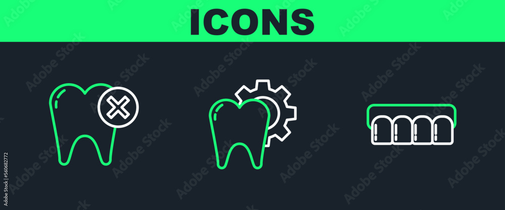 Fototapeta premium Set line Dentures model, Tooth with caries and treatment procedure icon. Vector