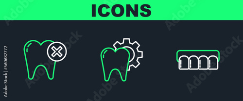 Set line Dentures model, Tooth with caries and treatment procedure icon. Vector