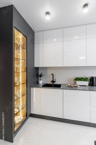 Pure empty glasses of wine in a glass window lit in a modern interior. Black and white kitchen