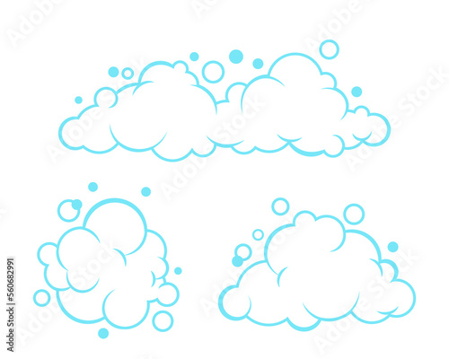 Soap foam set with bubbles. Carton light blue suds of bath water, shampoo, shaving, mousse. Vector outline illustration isolated on white background.