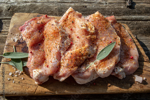 pork entrecote with spices, fresh sage and pink salt