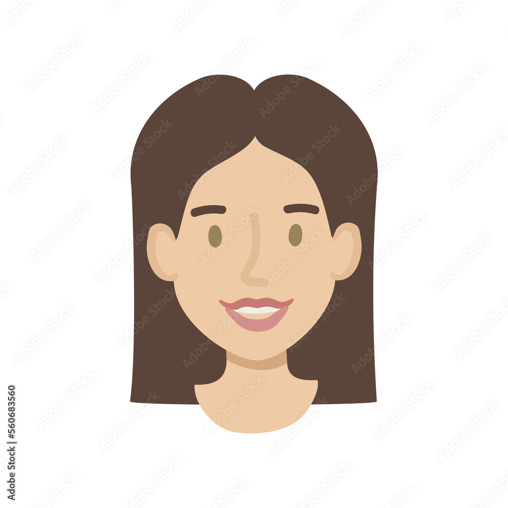 Girl face flat. Friendly young woman with dark hair. Hand drawn vector illustration. Girl face flat. Friendly young woman with dark hair. Hand drawn vector illustration.
