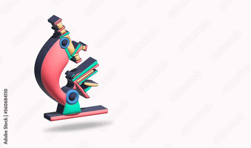 Colorful 3d render microscope. Chemistry, pharmaceuticals, microbiology, science, exploration symbol. Cartoon minimal style