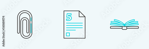Set line Open book, Paper clip and Test or exam sheet icon. Vector