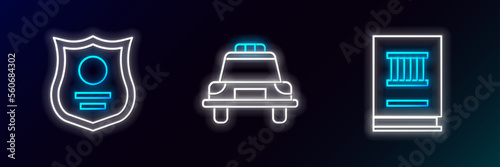 Set line Law book, Police badge and car and flasher icon. Glowing neon. Vector