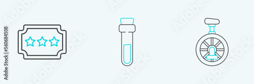 Set line Unicycle or one wheel bicycle, Ticket and Bottle with love potion icon. Vector