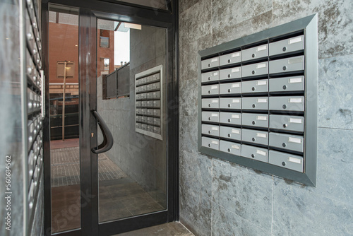 Metal mailboxes in an apartment building