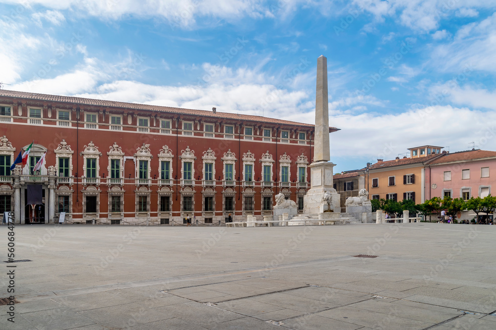The Piazza degli Aranci square and the ducal palace in the historic center of Massa, Italy