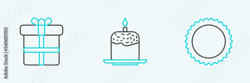 Set line Sun, Gift box and Easter cake and candle icon. Vector