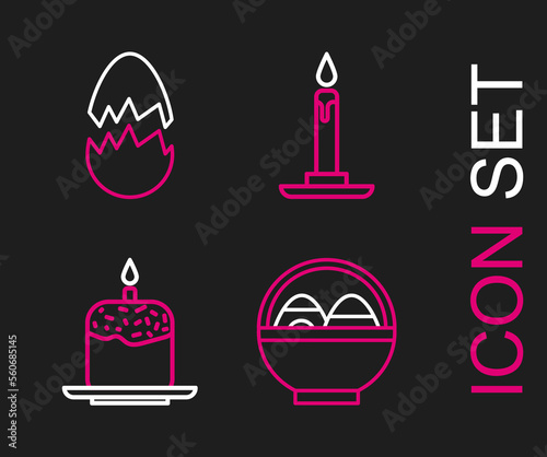 Set line Basket with easter eggs, Easter cake and candle, Burning in candlestick and Broken icon. Vector