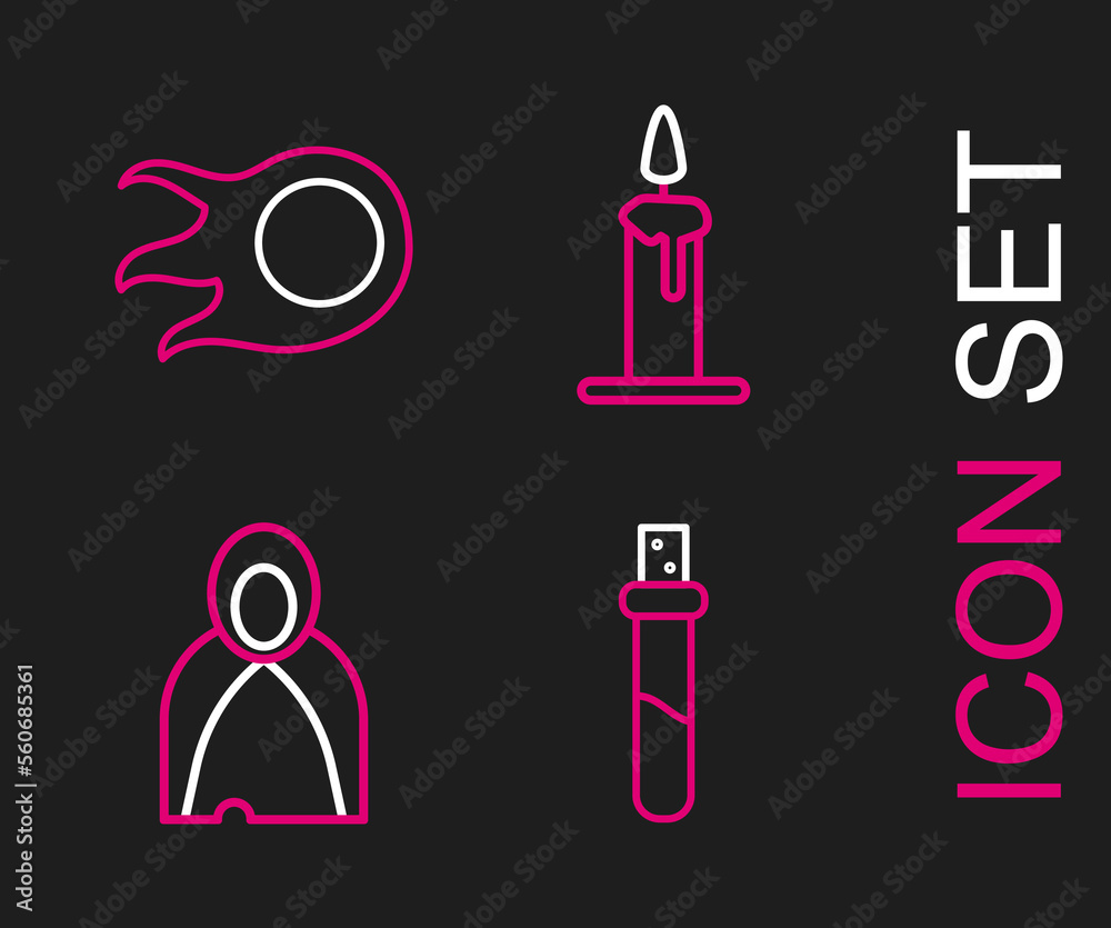 Set line Bottle with love potion, Mantle, cloak, cape, Burning candle in candlestick and Fireball icon. Vector