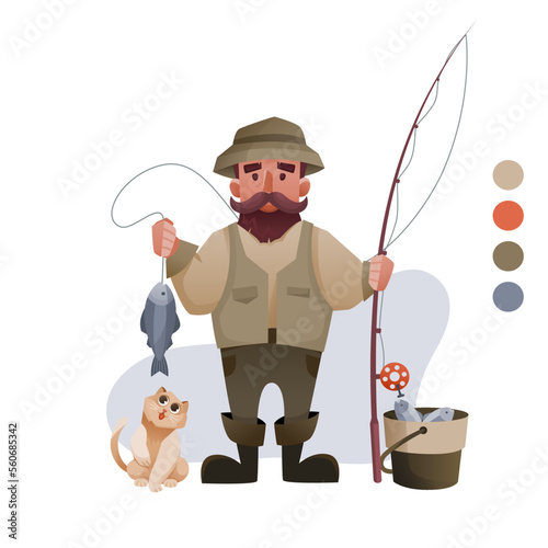 The fishermen are holding a fishing rod with a caught fish, a cat is sitting next to it. Vector illustration isolated on white background